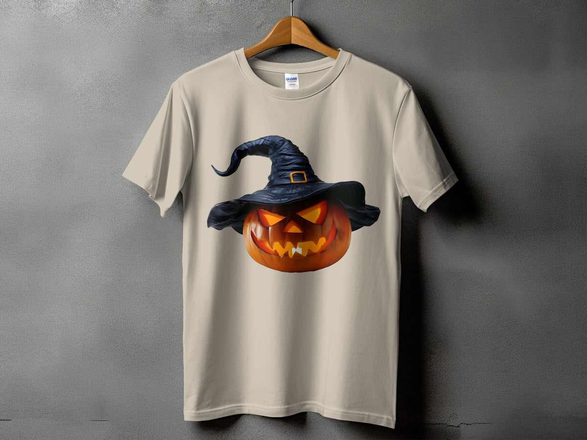 Light beige t-shirt with a grinning jack-o'-lantern wearing a black witch hat.
