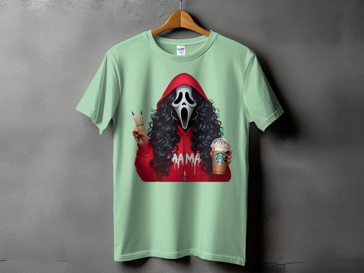 Ghostface character wearing red hoodie, holding coffee and making peace sign.