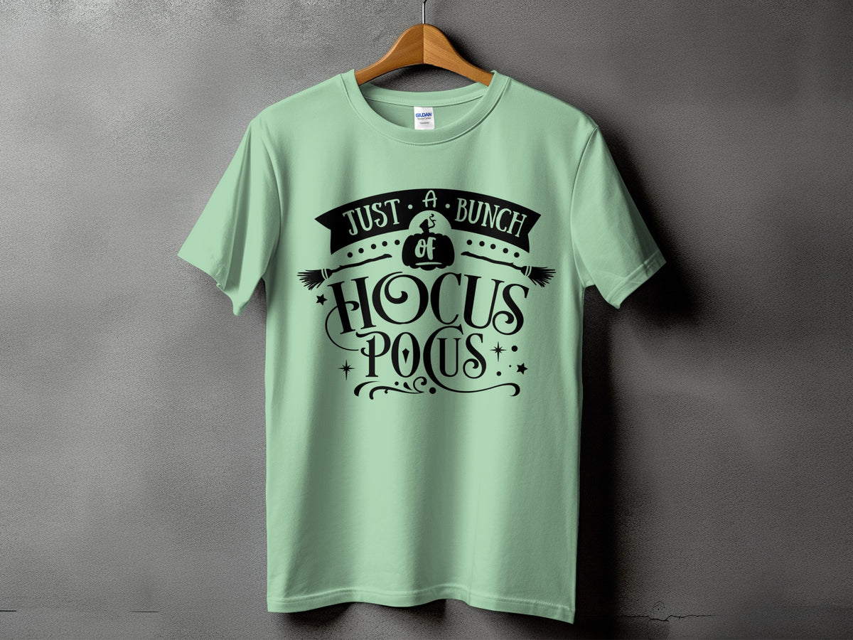 Light green t-shirt with black "Just a bunch of Hocus Pocus" graphic.