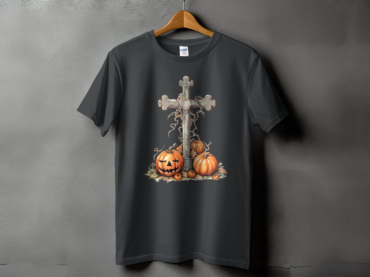 Dark gray t-shirt with a Halloween cross and pumpkins graphic design.