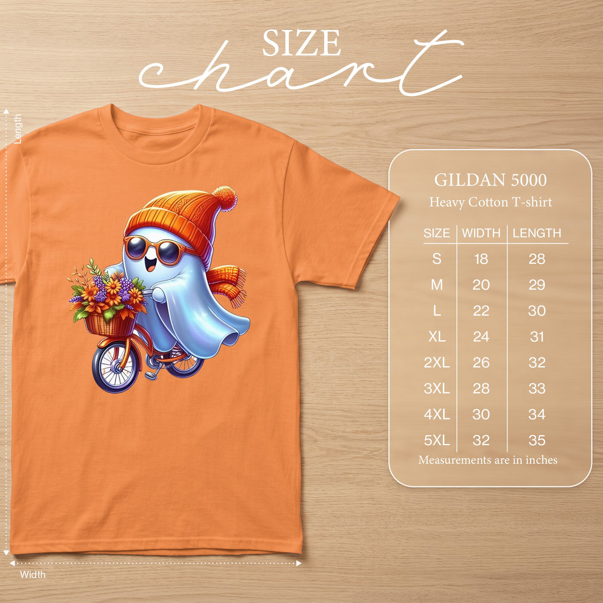Orange t-shirt with a cartoon ghost riding a bicycle with a flower basket. Includes size chart.