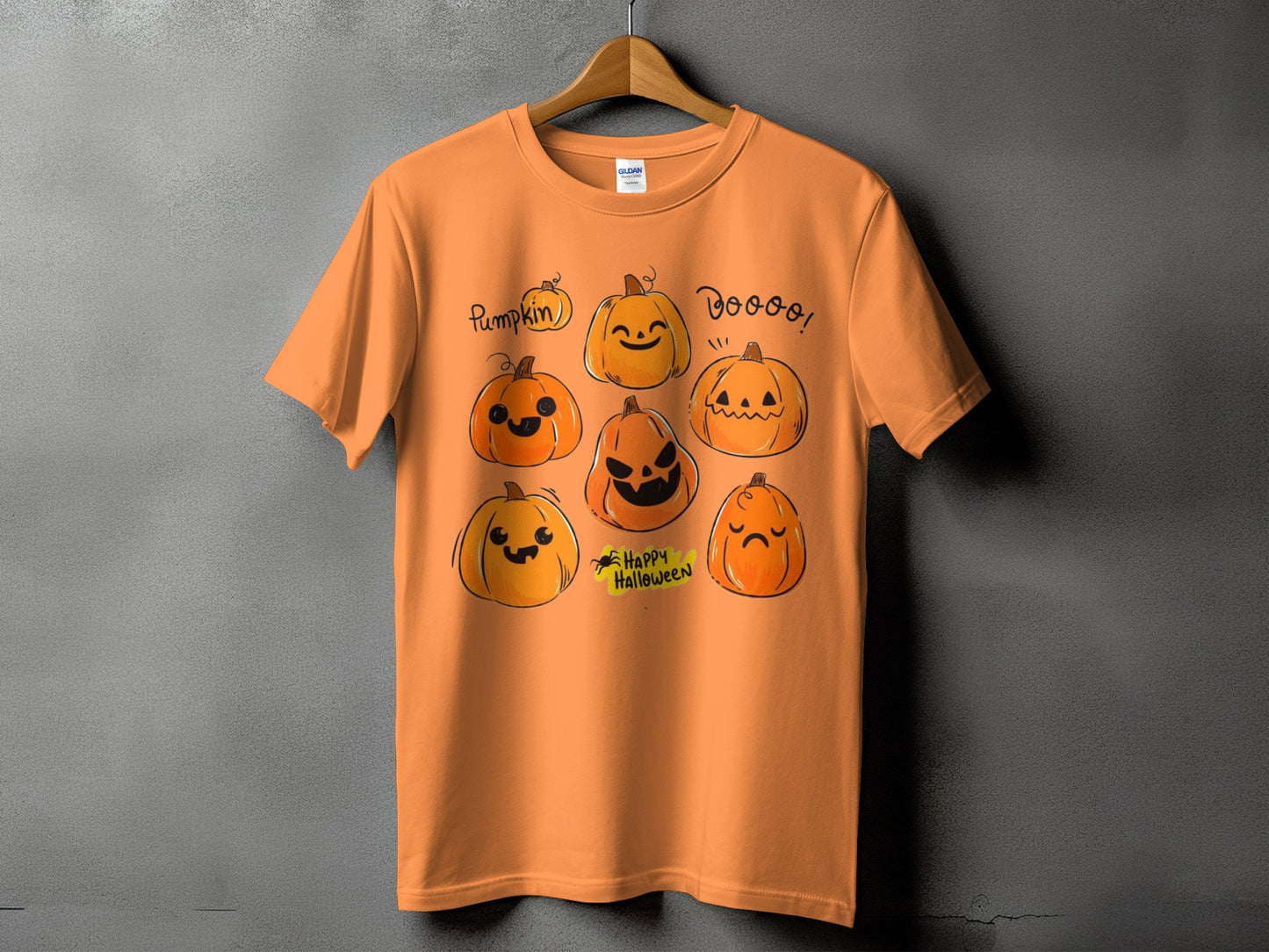 Orange t-shirt with diverse cartoon pumpkins and text "Pumpkin" and "Happy Halloween."