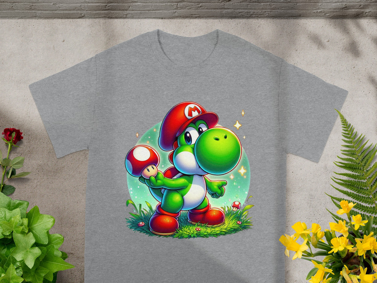 Yoshi in Mario's hat and overalls holding a mushroom.
