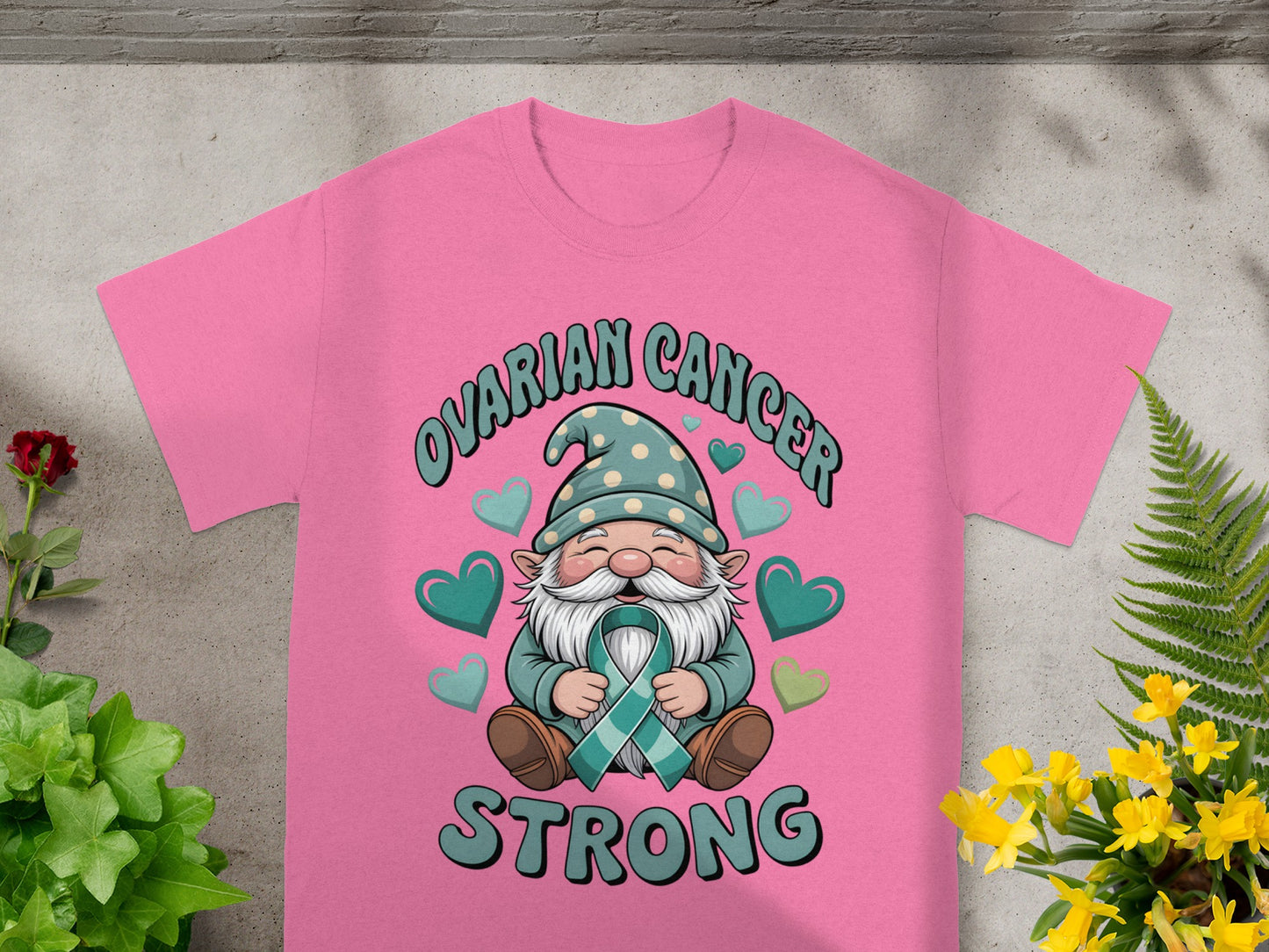 Ovarian Cancer Strong Gnome Pink Graphic T-shirt