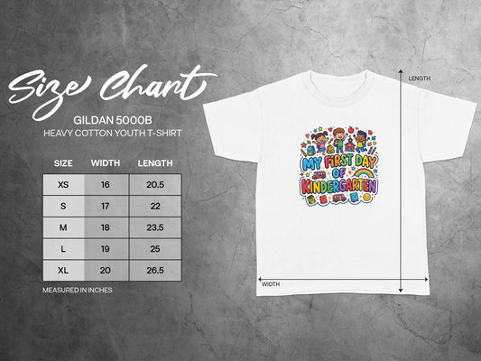 Size chart for Gildan 5000B youth t-shirt with "My First Day of Kindergarten" graphic.