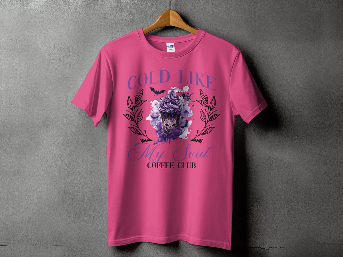 Pink t-shirt with "COLD LIKE My Soul COFFEE CLUB" text and skull graphic.