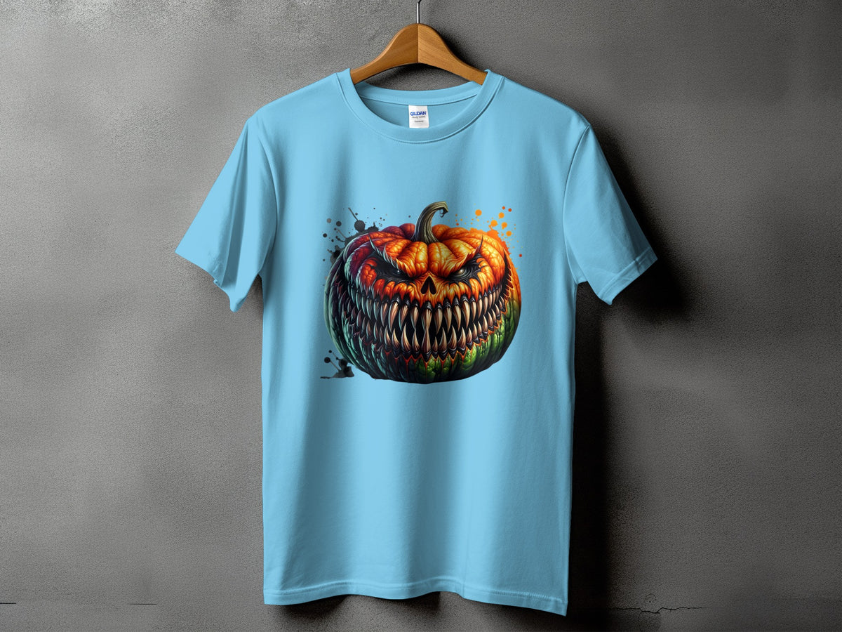 Light blue t-shirt with a detailed, scary jack-o'-lantern graphic and black splatter.