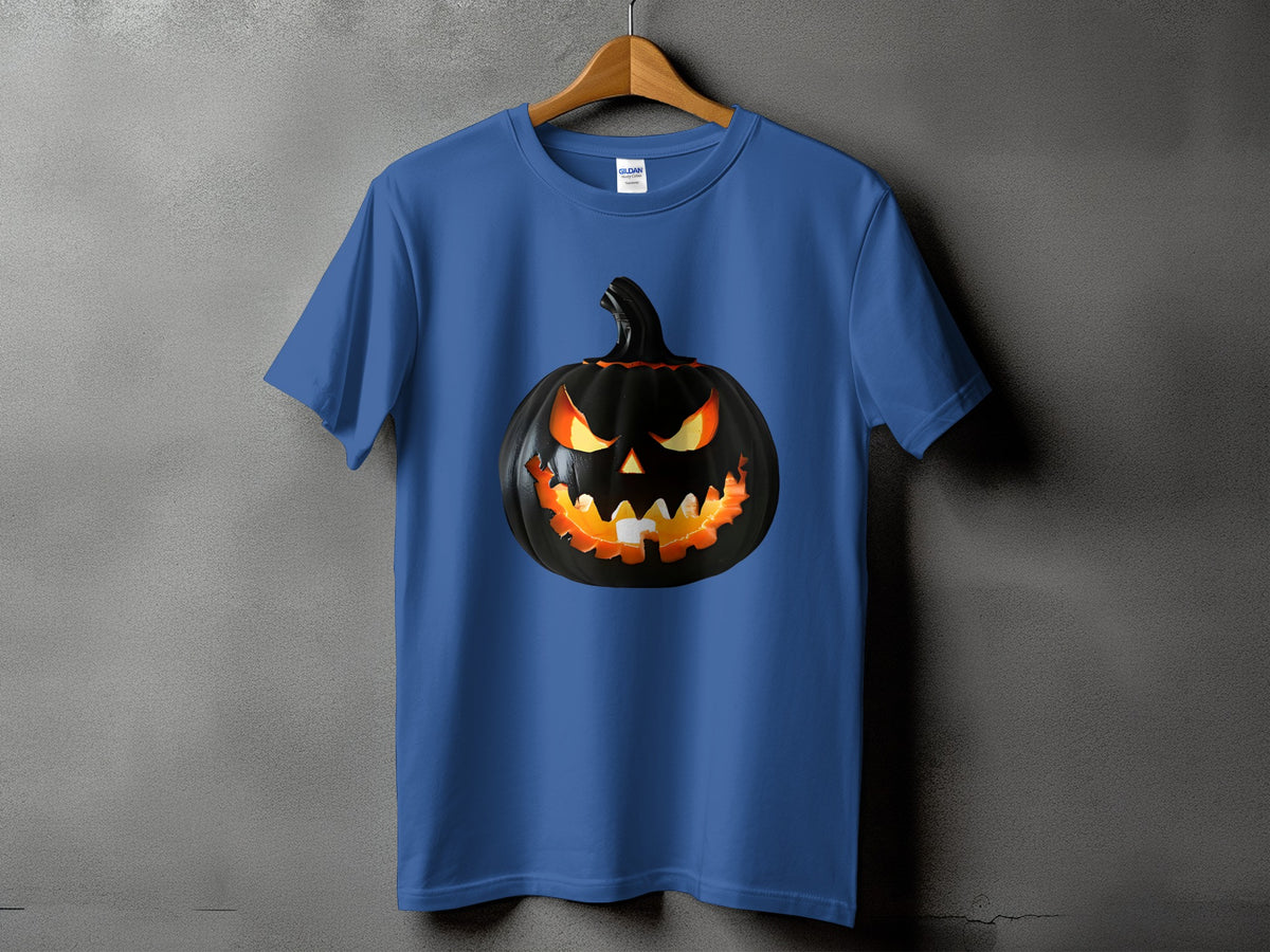 Blue t-shirt with a black jack-o'-lantern graphic on the front.