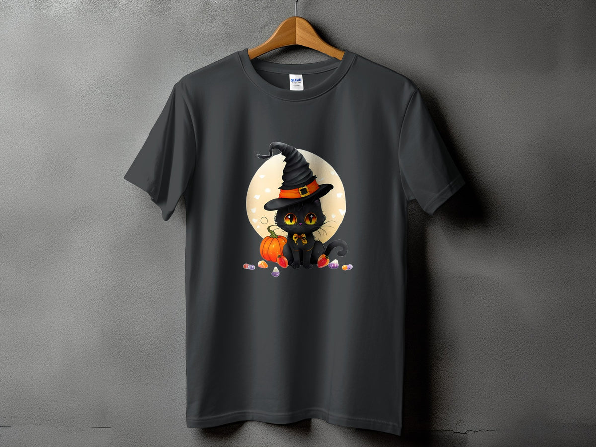 Black cat in witch hat with pumpkin and candy corn on a dark gray t-shirt.