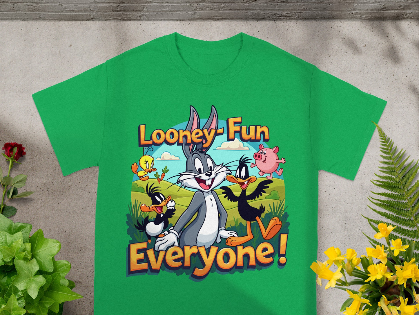 Looney Fun Everyone! Bugs Bunny, Daffy Duck, Porky Pig, and Tweety Bird t-shirt.