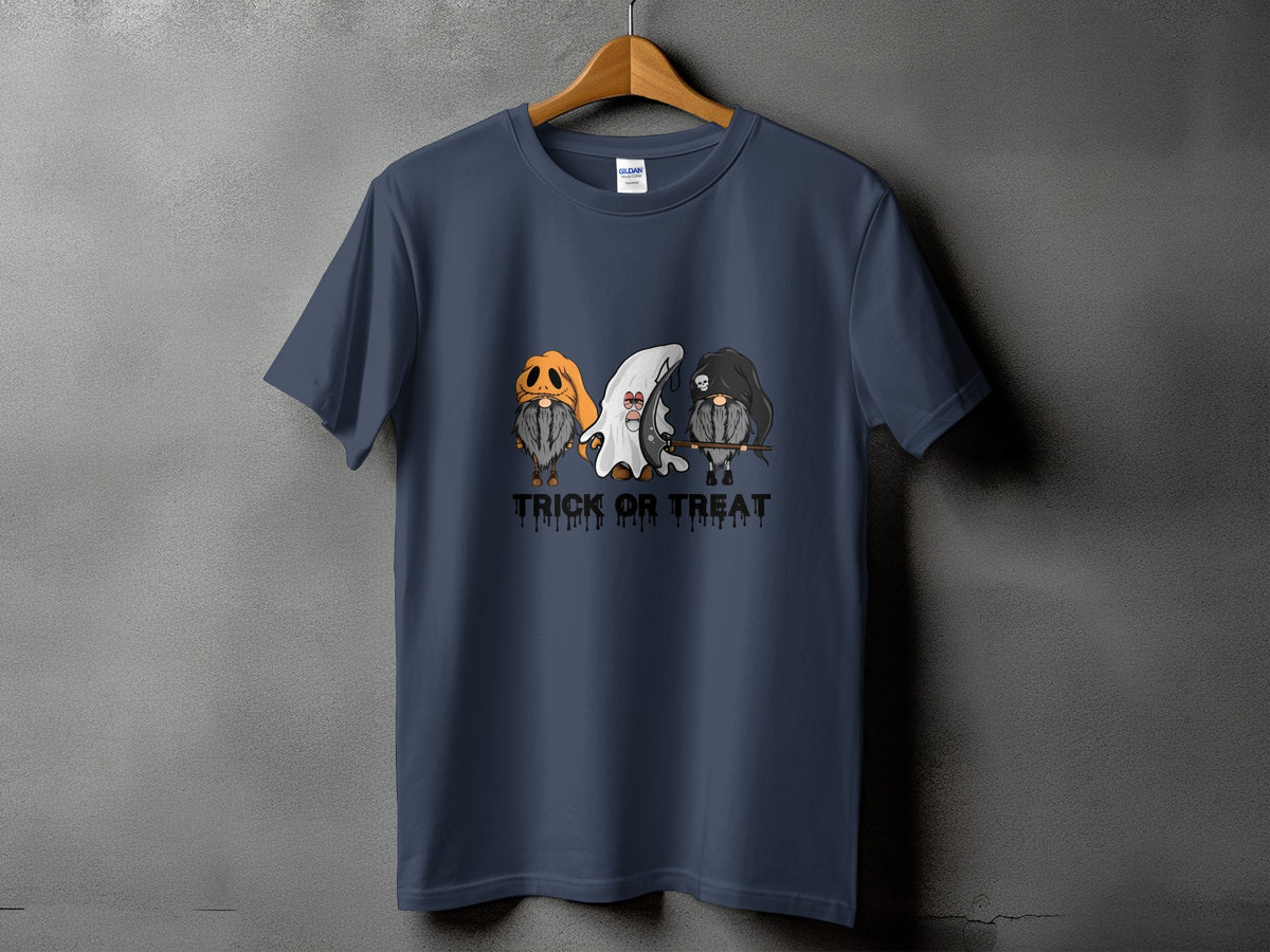 T-shirt with three gnomes in Halloween costumes and "Trick or Treat" text.
