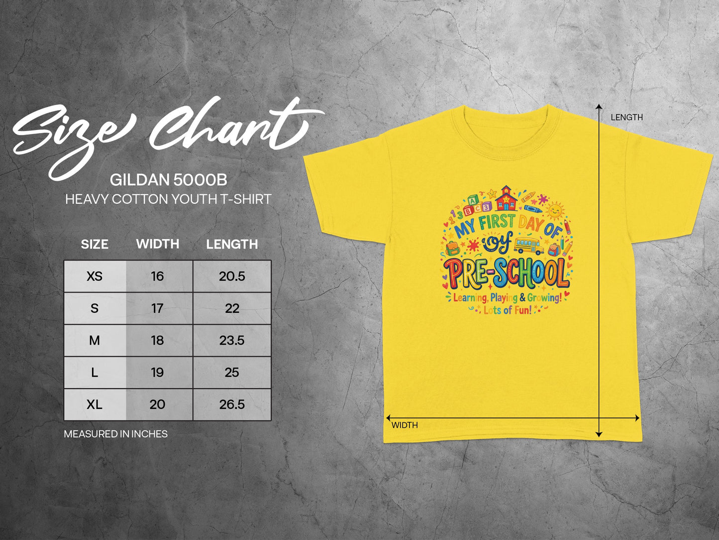 Yellow youth t-shirt size chart with "My First Day of Pre-School" graphic.