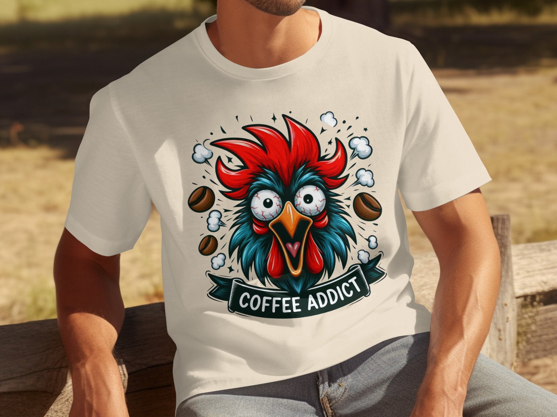Funny Coffee Addict Rooster Graphic T-Shirt for Enthusiasts