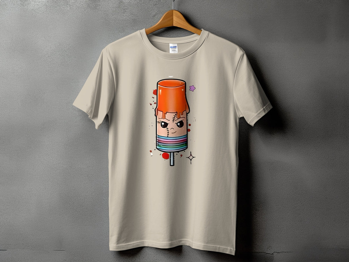 T-shirt with cartoon popsicle character featuring stitched eyes and colorful stripes.