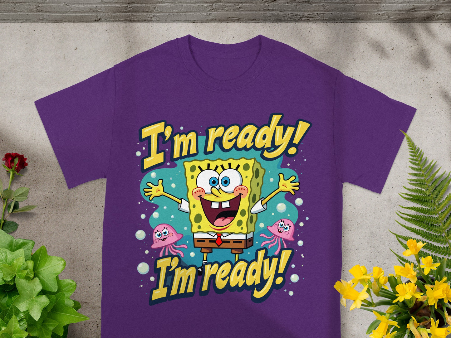 SpongeBob SquarePants graphic tee with "I'm ready! I'm ready!" text.