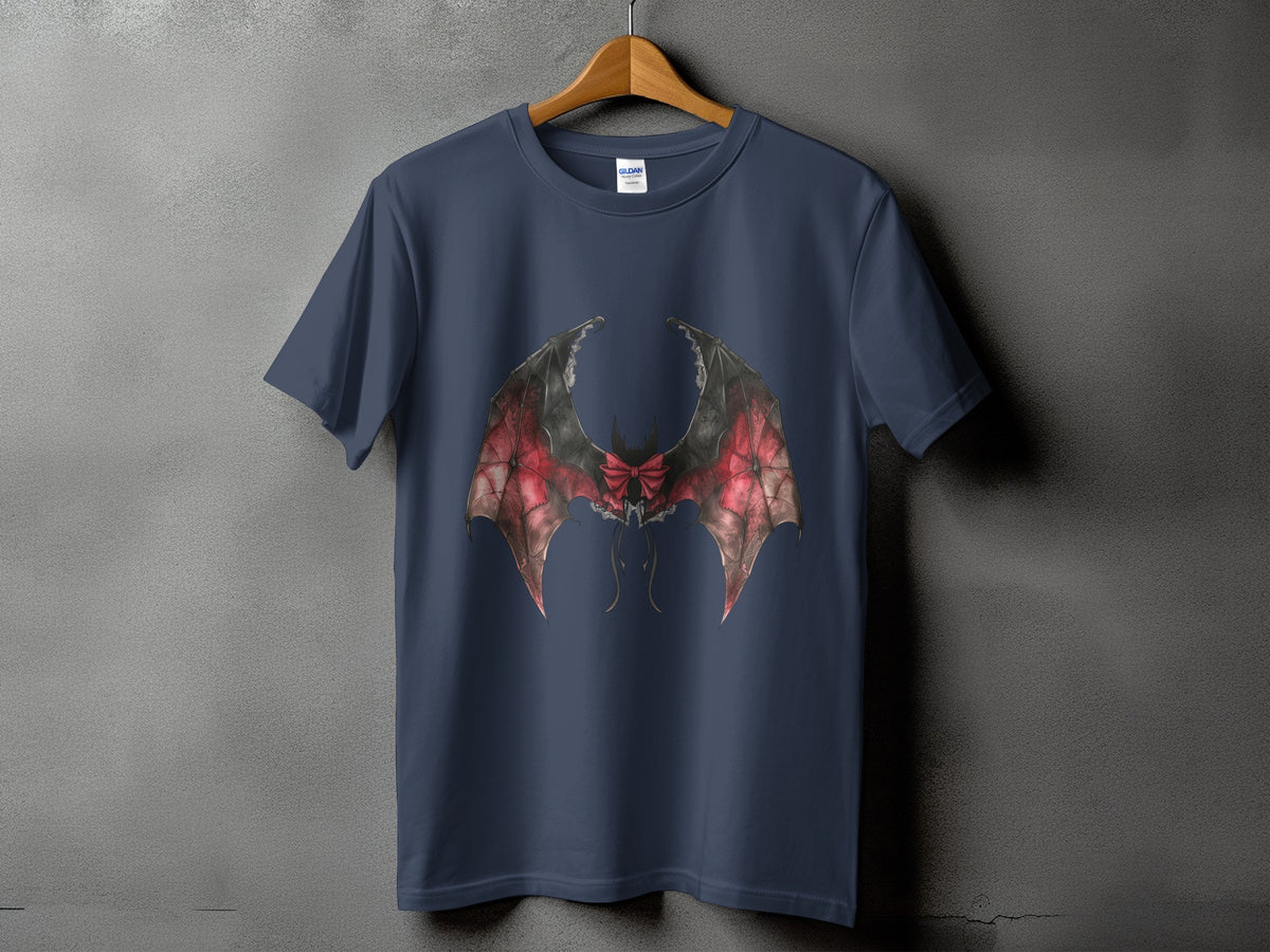Dark blue t-shirt with red and black bat wings and bow graphic design.