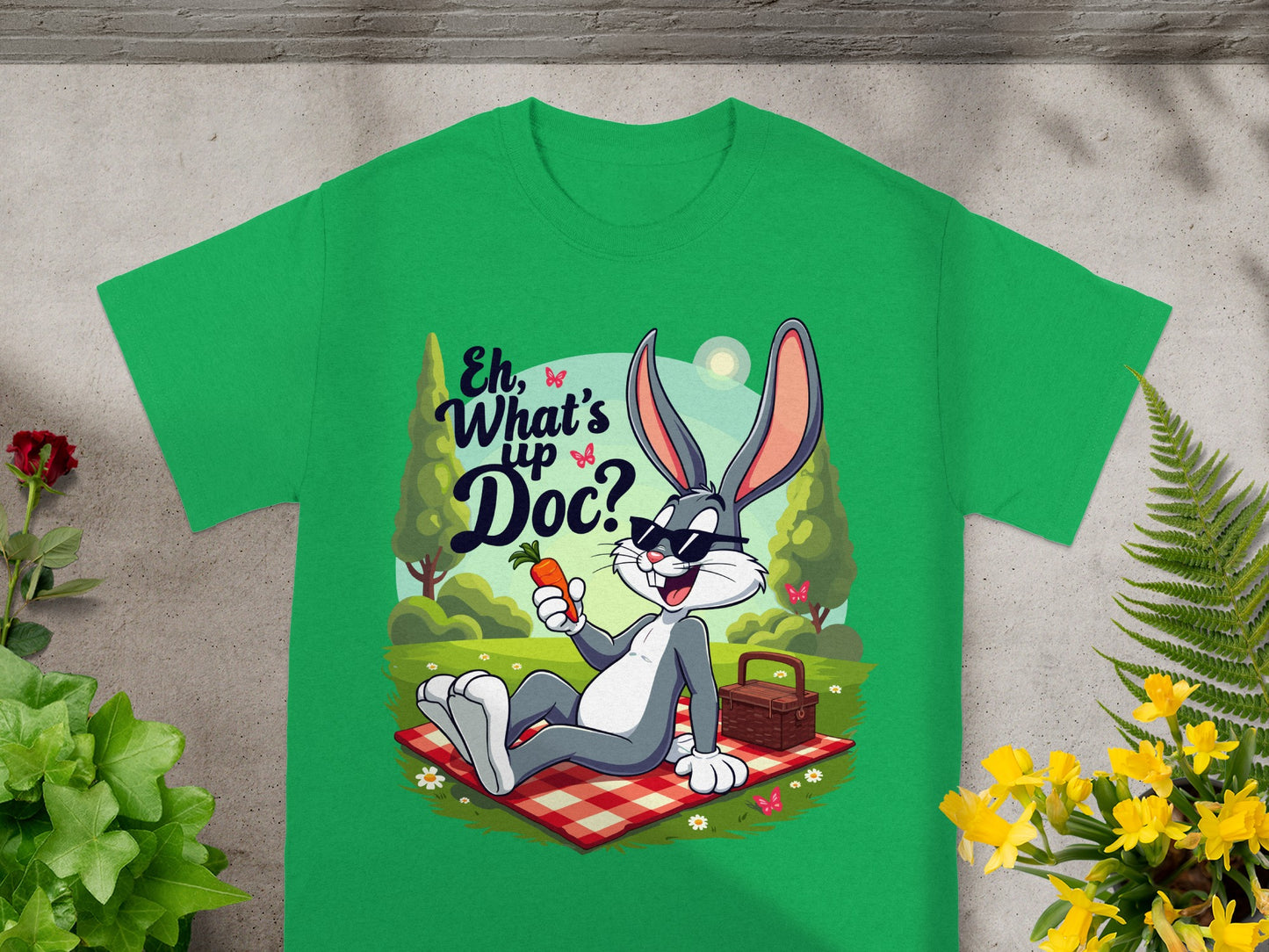 Green t-shirt with Bugs Bunny wearing sunglasses, holding a carrot, and saying "Eh, What's Up Doc?".