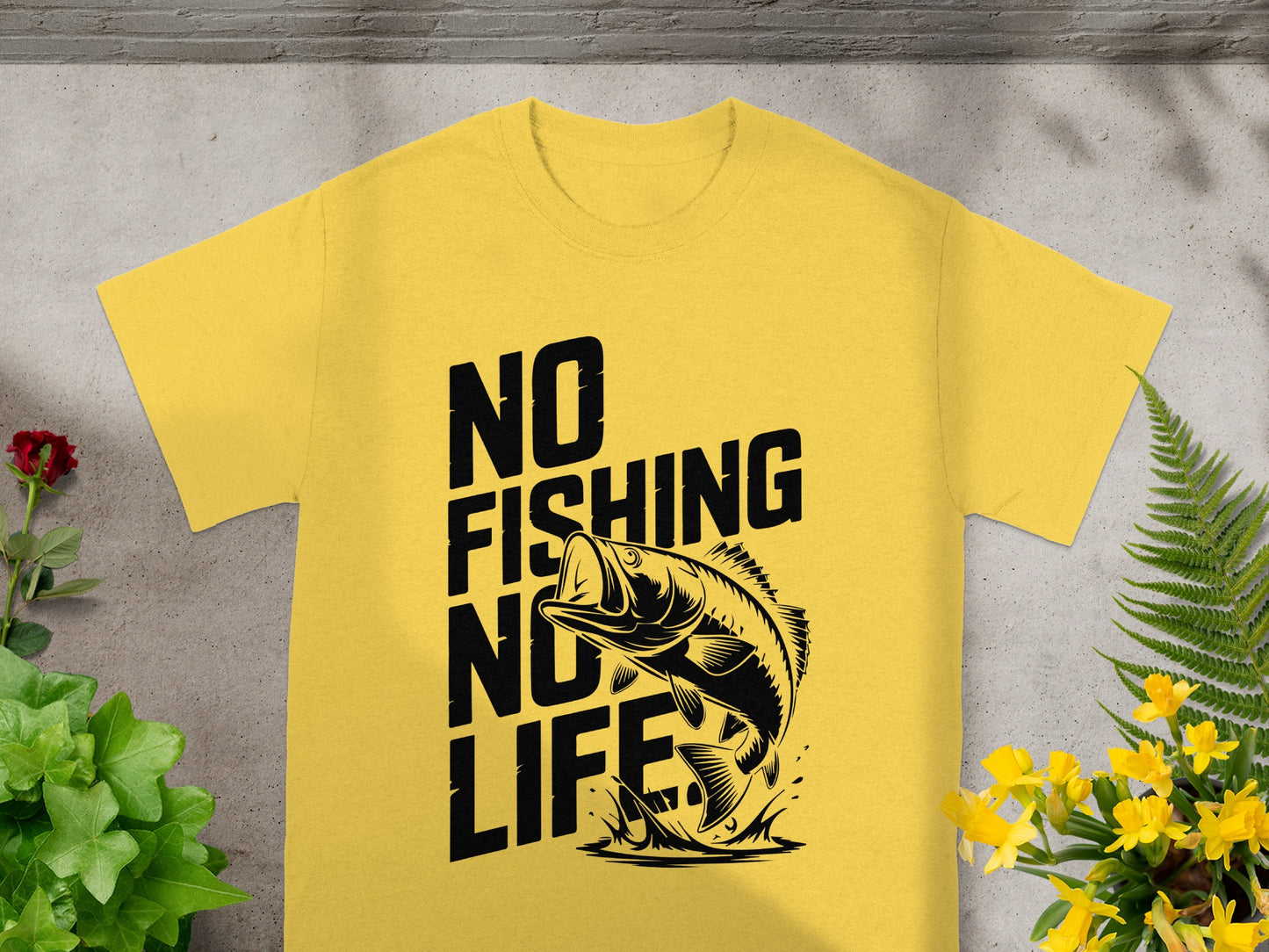 Yellow t-shirt with black "NO FISHING NO LIFE" text and jumping bass design.