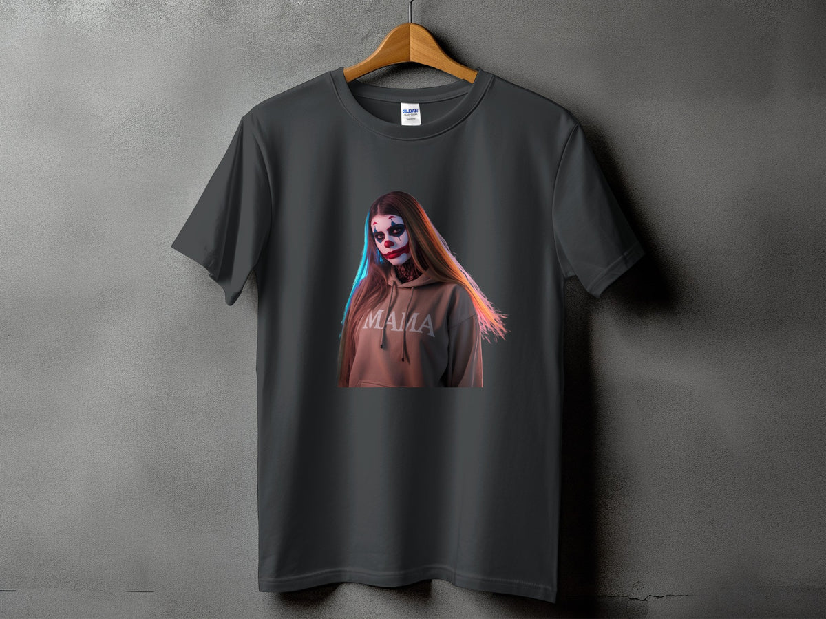 Dark gray t-shirt with clown makeup and "MAMA" graphic on hoodie.