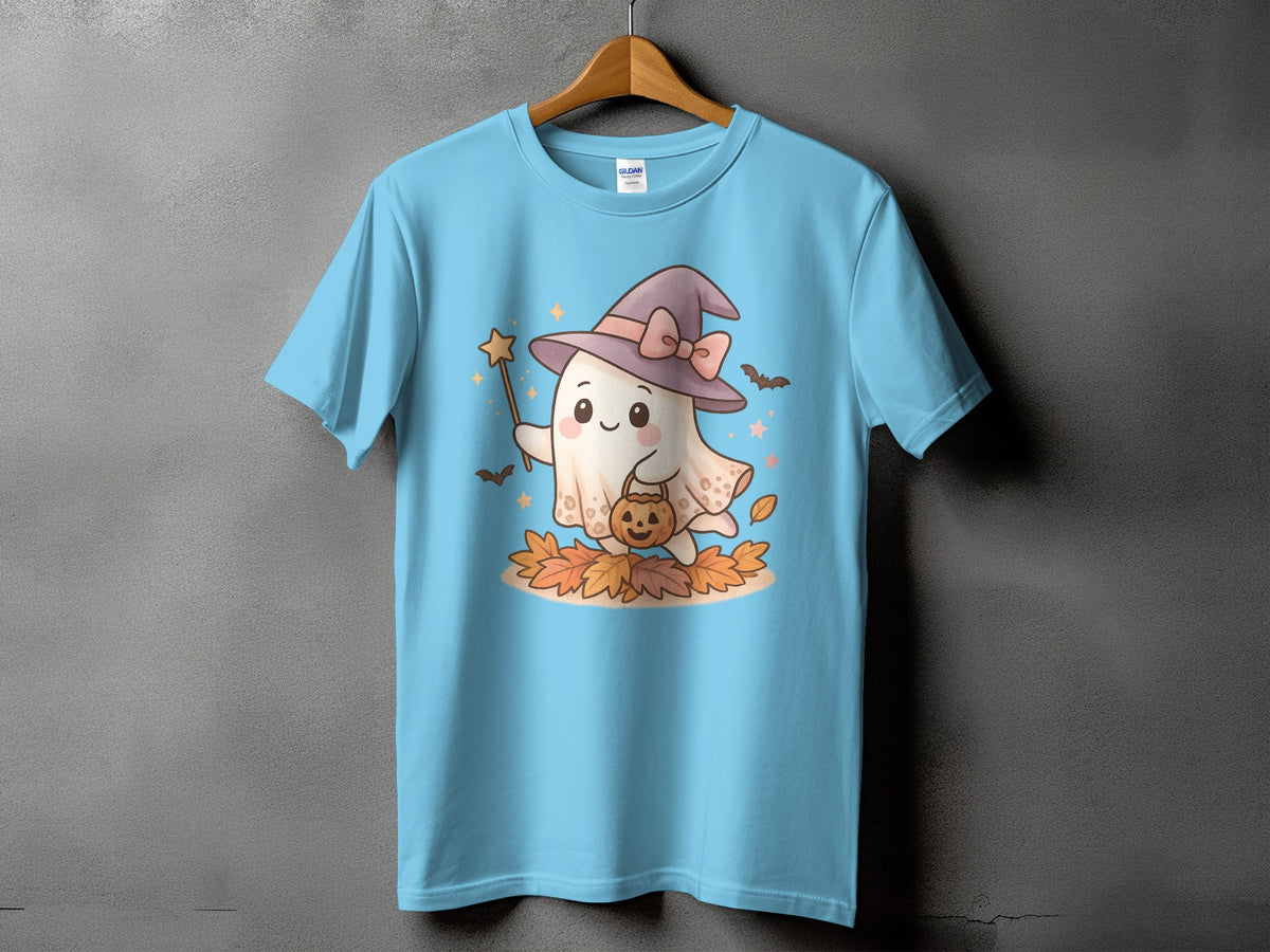 Light blue t-shirt with a cute ghost wearing a witch hat holding a pumpkin.