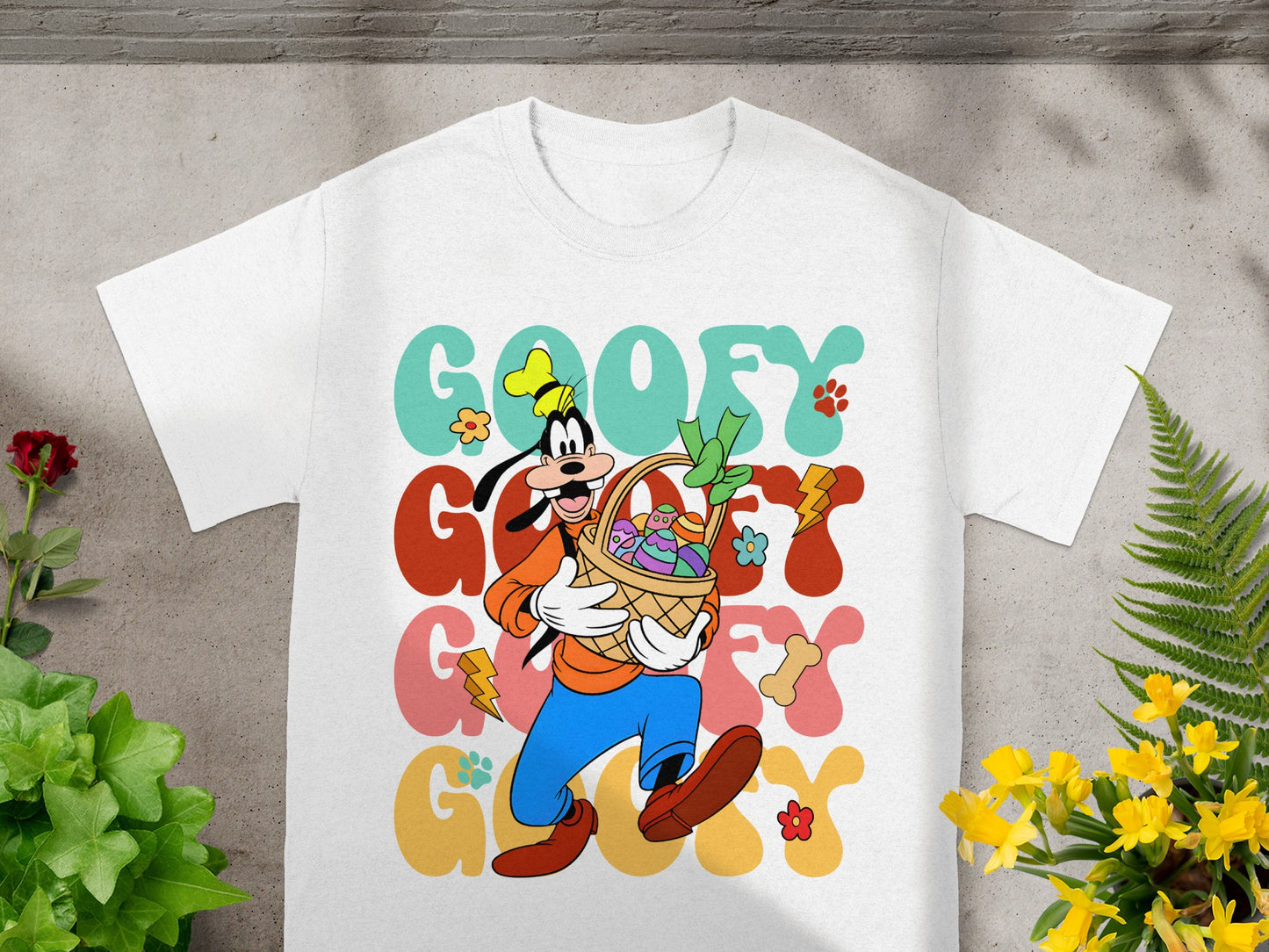 Goofy character holding an Easter basket filled with eggs and flowers.