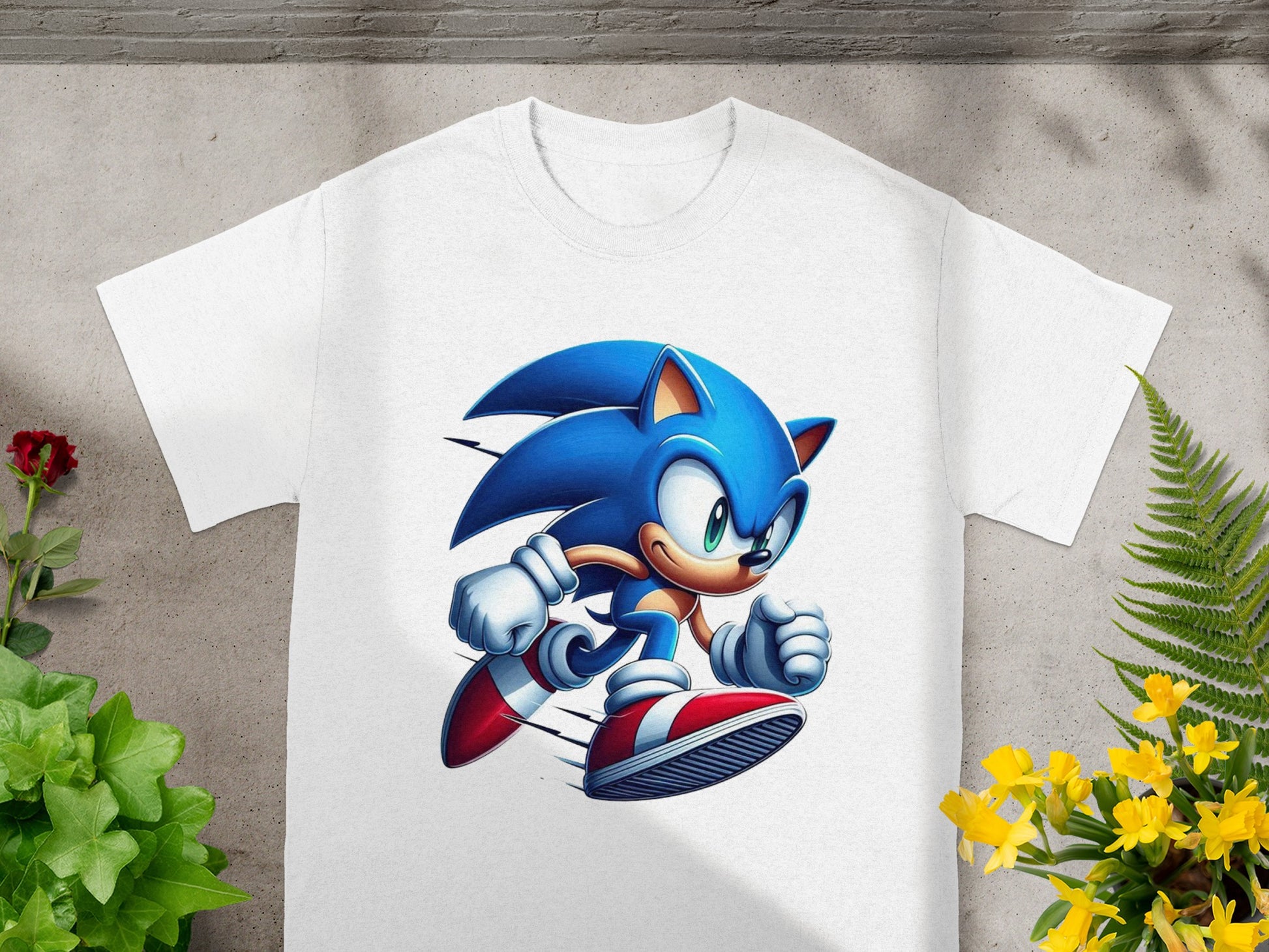 White t-shirt with Sonic the Hedgehog running in cartoon style.