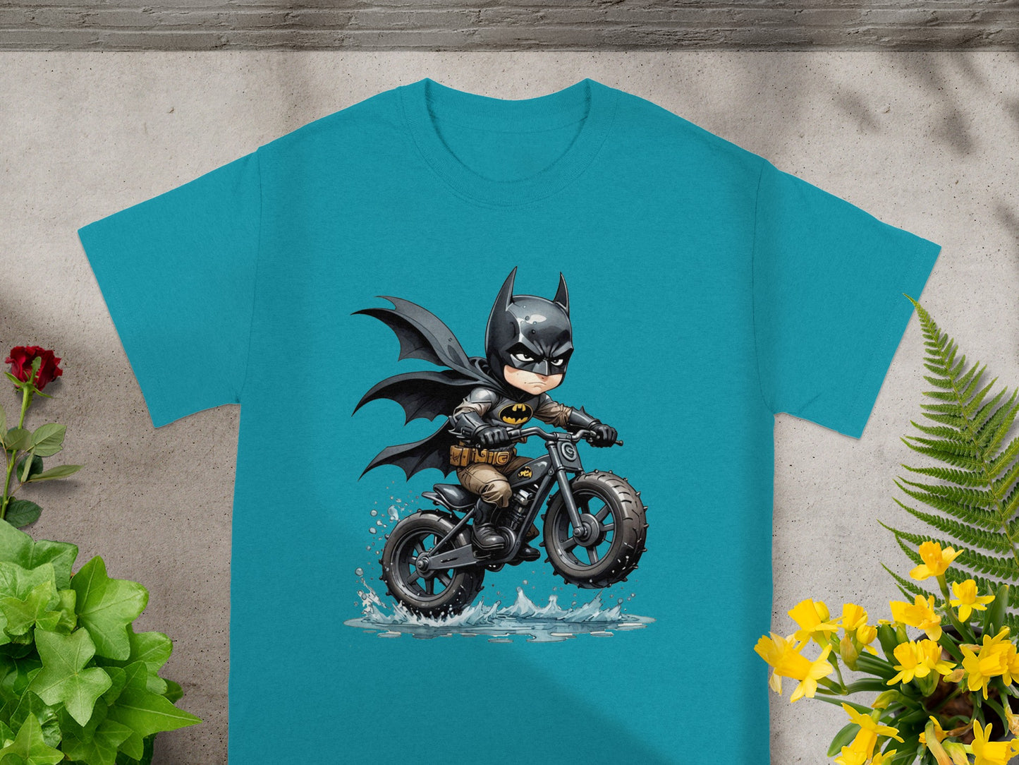 Batman riding a motorcycle through water splashes.