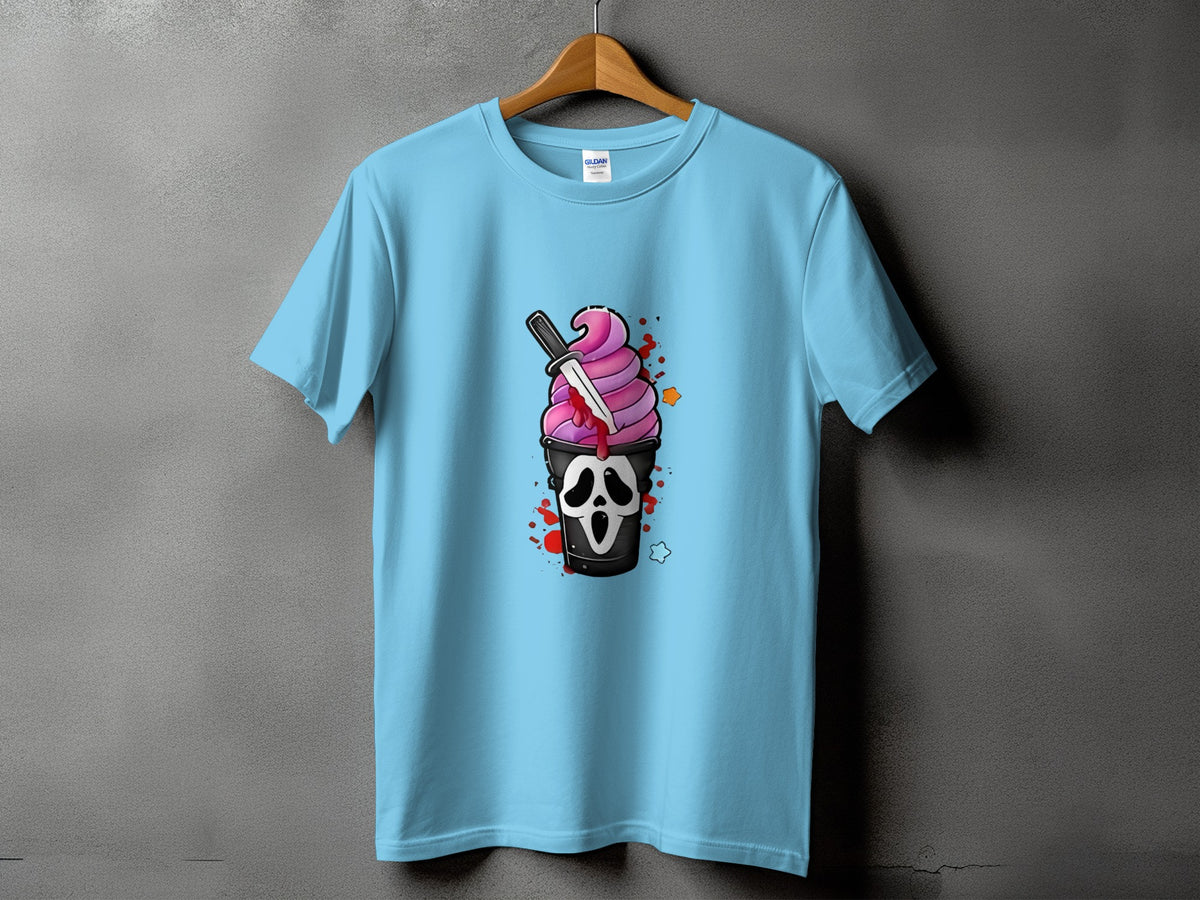 Light blue t-shirt with a Scream mask ice cream cone design.
