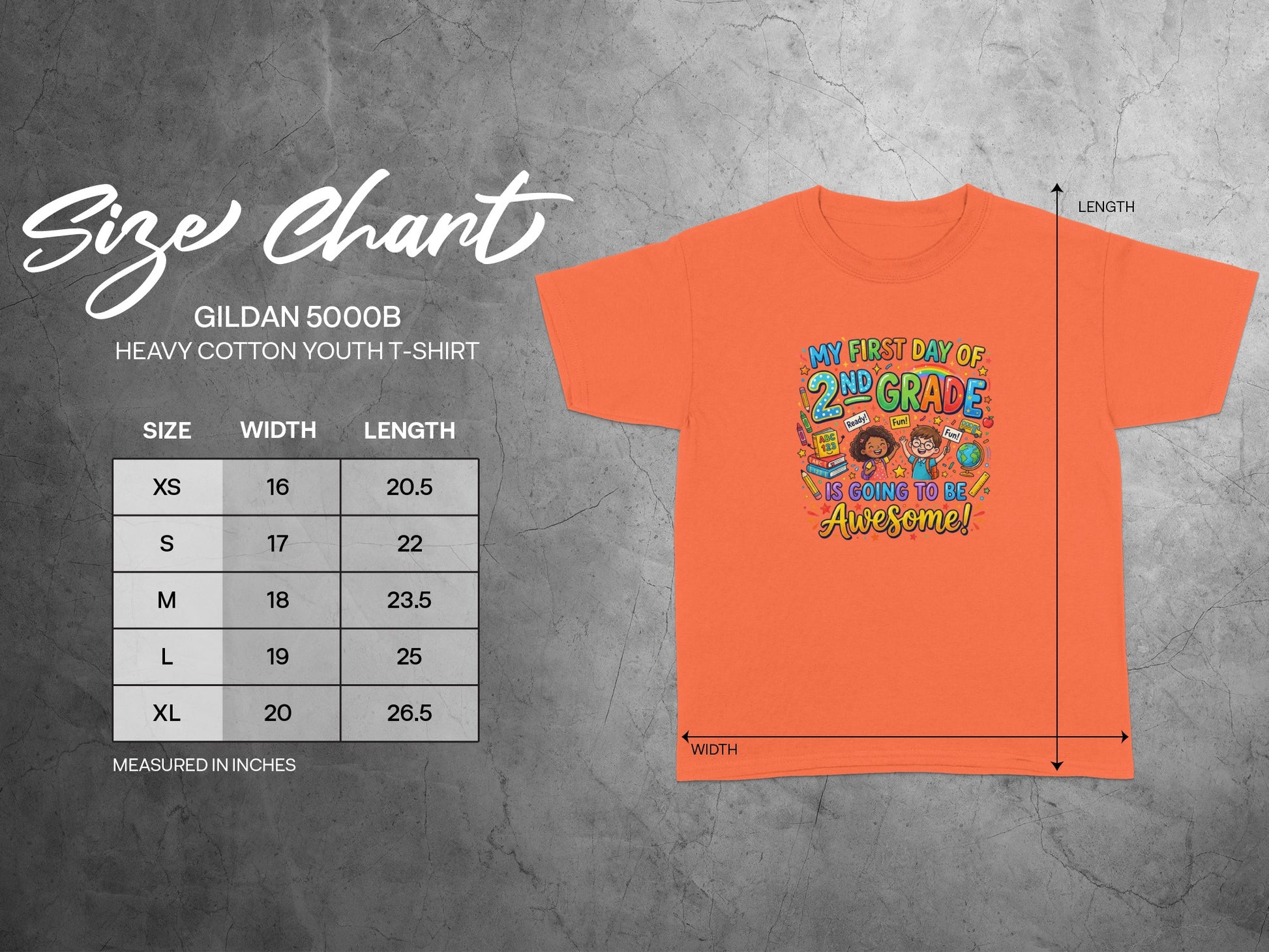 Gildan youth t-shirt size chart includes width and length measurements in inches.