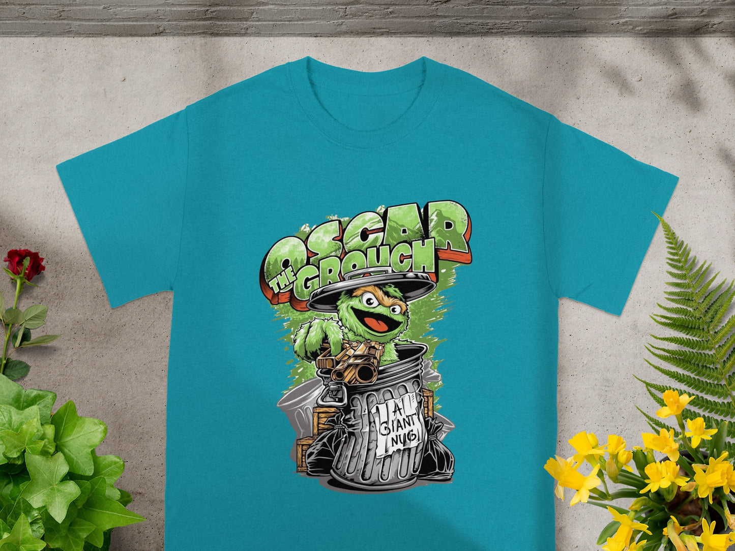 Oscar the Grouch in trash can t-shirt graphic.