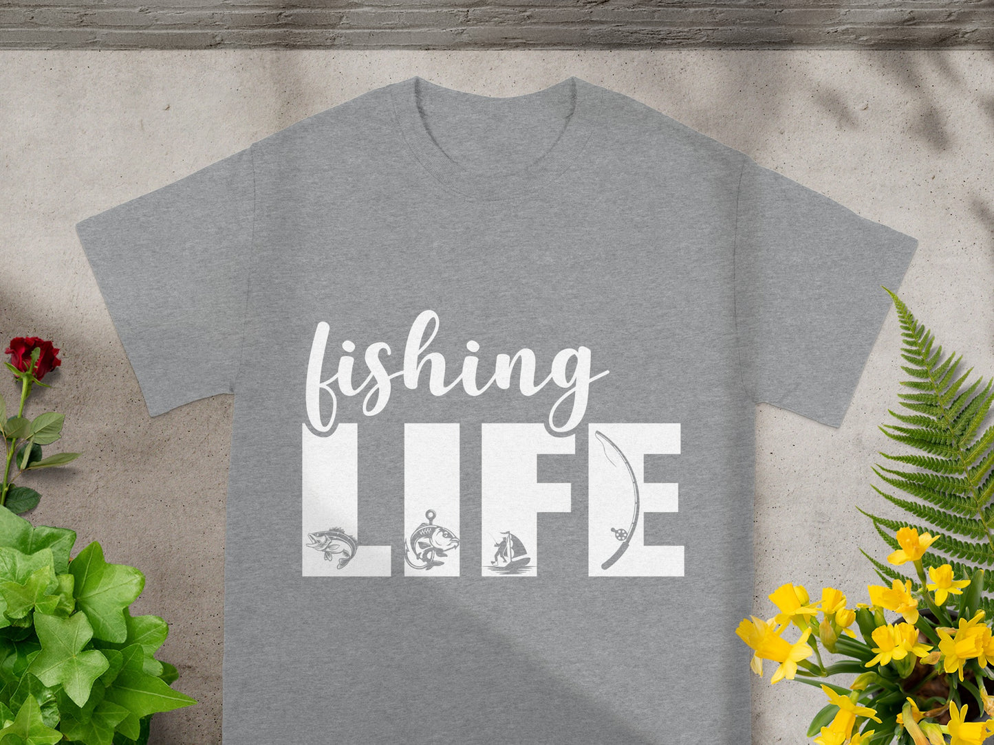 Grey t-shirt with "fishing LIFE" in white text and fishing imagery.