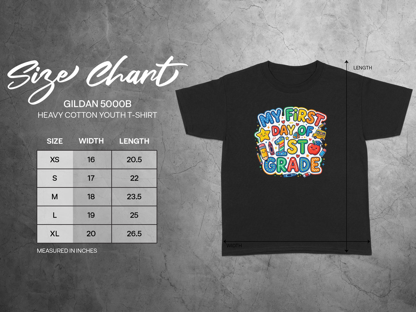 Gildan 5000B youth t-shirt size chart with width and length measurements for sizes XS-XL.
