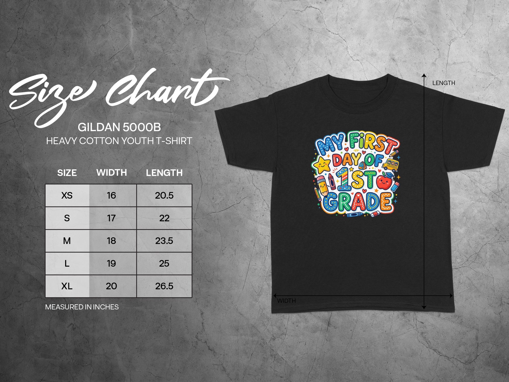 Gildan 5000B youth t-shirt size chart with width and length measurements for sizes XS-XL.
