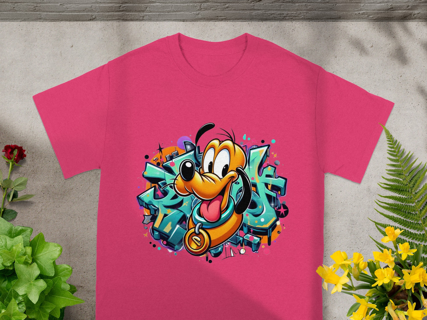 Pink t-shirt with a cartoon dog character in graffiti style.