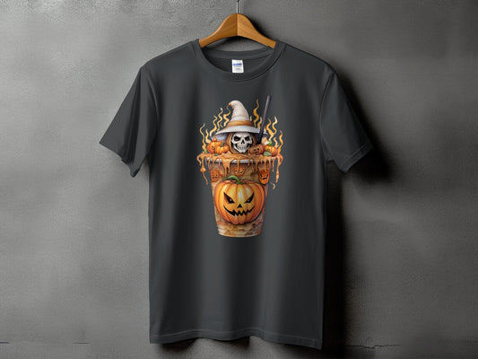 Dark grey t-shirt with Halloween-themed graphic of a skull in a witch hat and pumpkins.