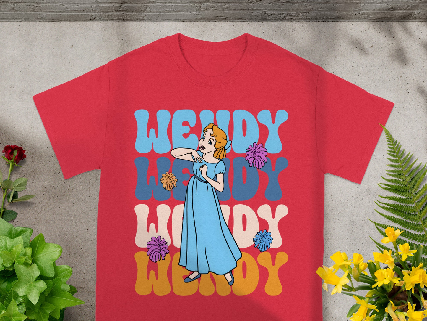 Red t-shirt with Wendy illustration and groovy text.
