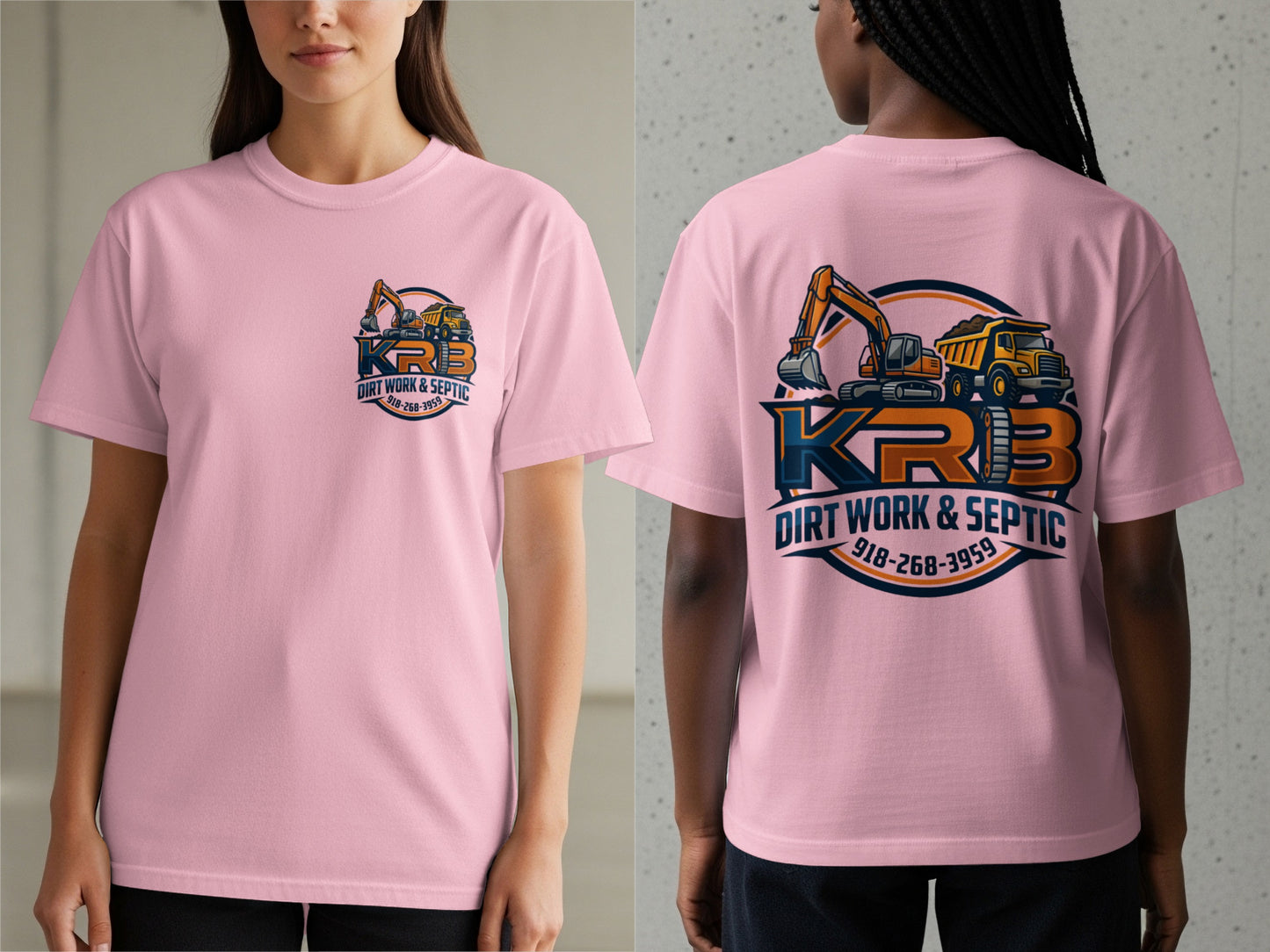 Pink t-shirt with KRB Dirt Work & Septic logo, featuring an excavator and dump truck.