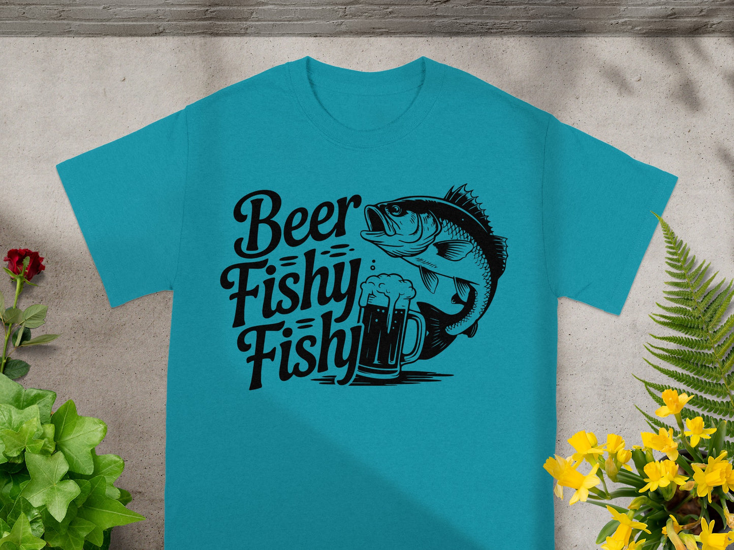 Turquoise t-shirt with black text "Beer Fishy Fishy" and a bass fish.
