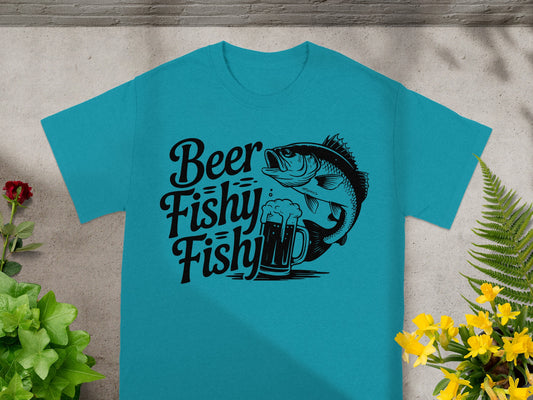 Turquoise t-shirt with black text "Beer Fishy Fishy" and a bass fish.
