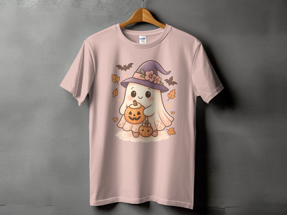 Ghost with pumpkins, witch hat, bats, and leaves on a pink t-shirt.