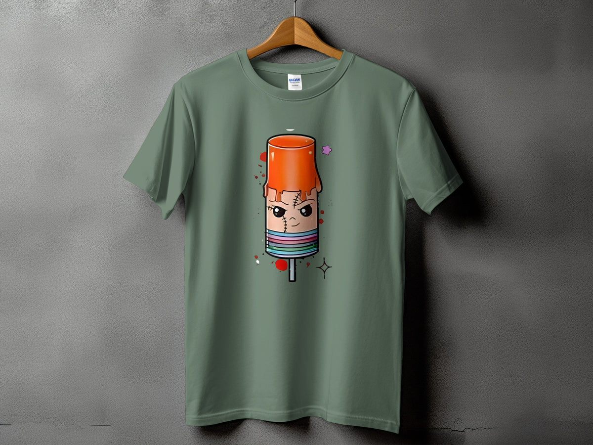T-shirt with cartoon popsicle graphic featuring a stitched face and colorful stripes.