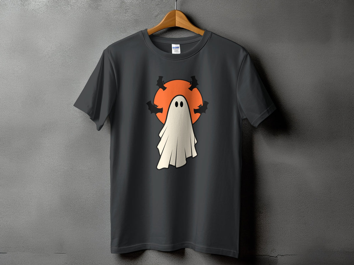 Dark t-shirt with a white ghost and bats design on an orange circle.
