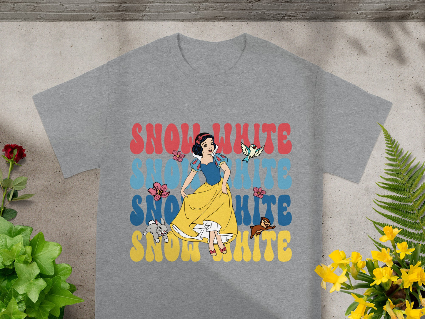 Gray t-shirt with Snow White graphic and text "Snow White" repeated.