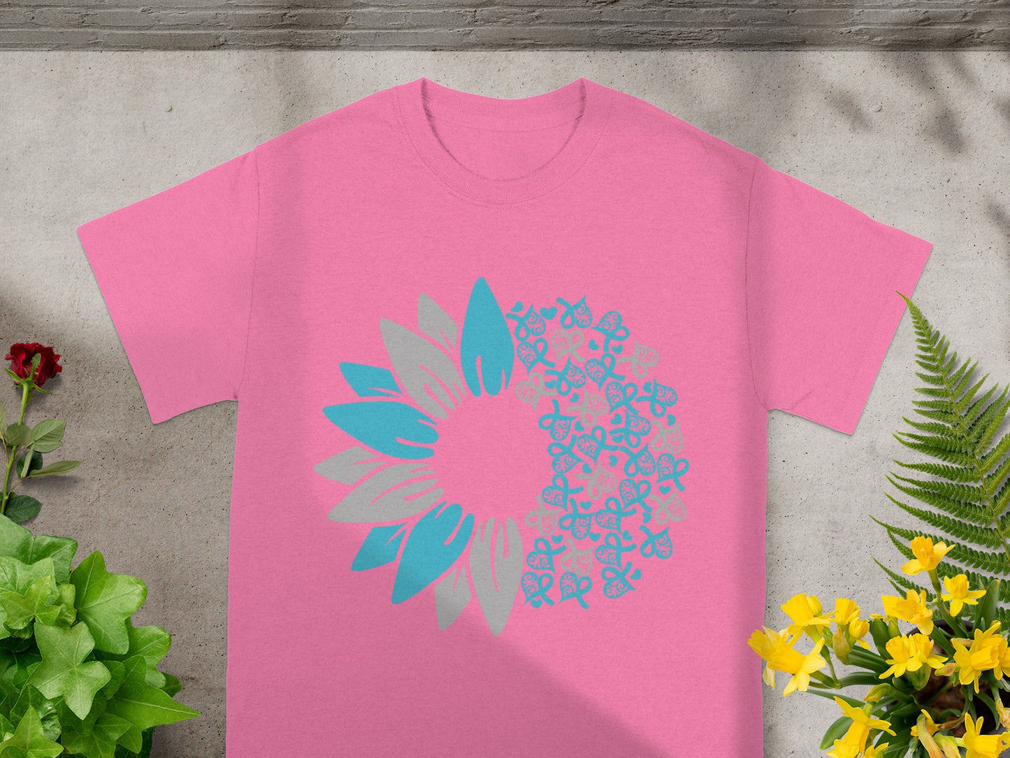 Pink Sunflower and Ribbon Design Graphic T-Shirt