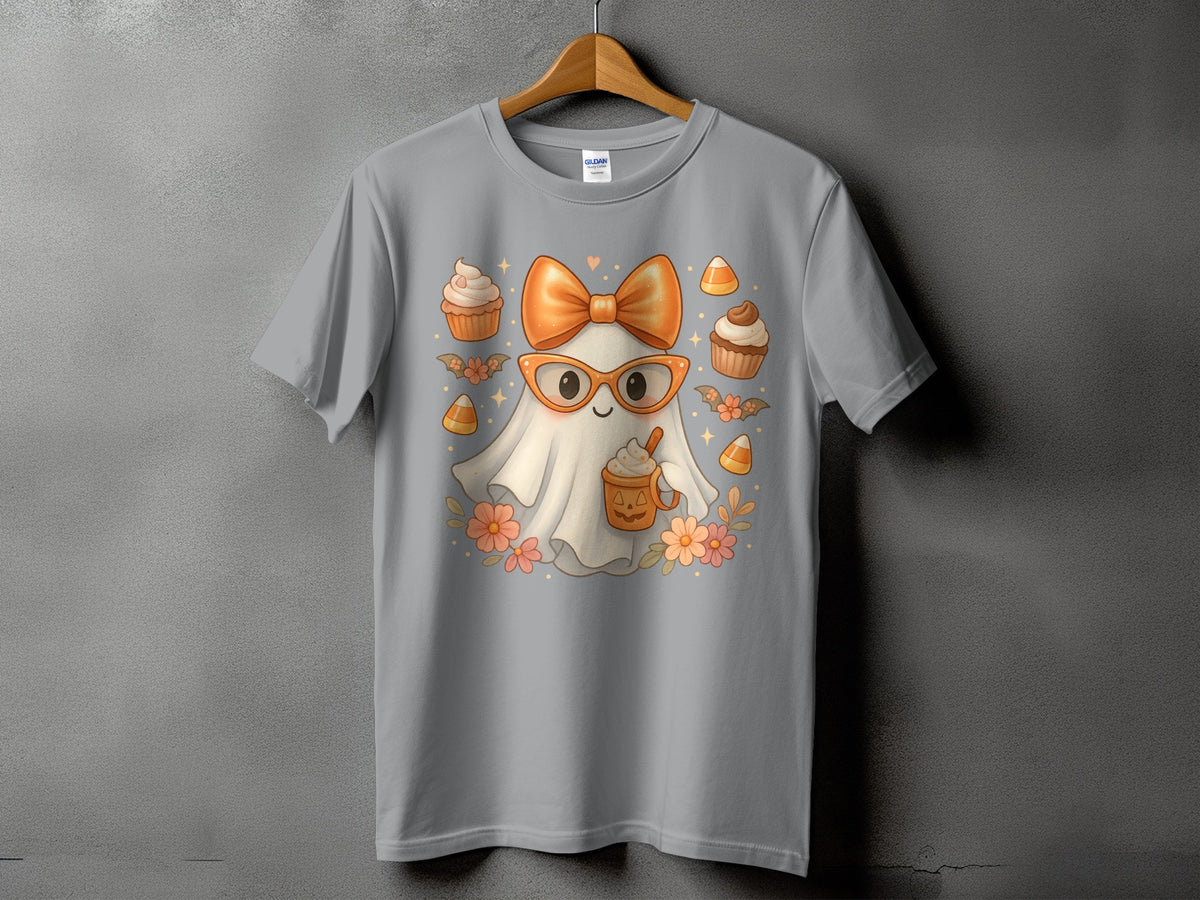 Ghost wearing glasses and bow with cupcakes, candy corn, and flowers.
