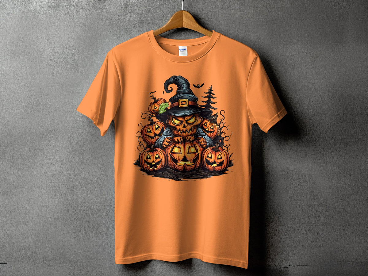 Orange t-shirt with a Halloween graphic of a jack-o'-lantern king surrounded by pumpkins.