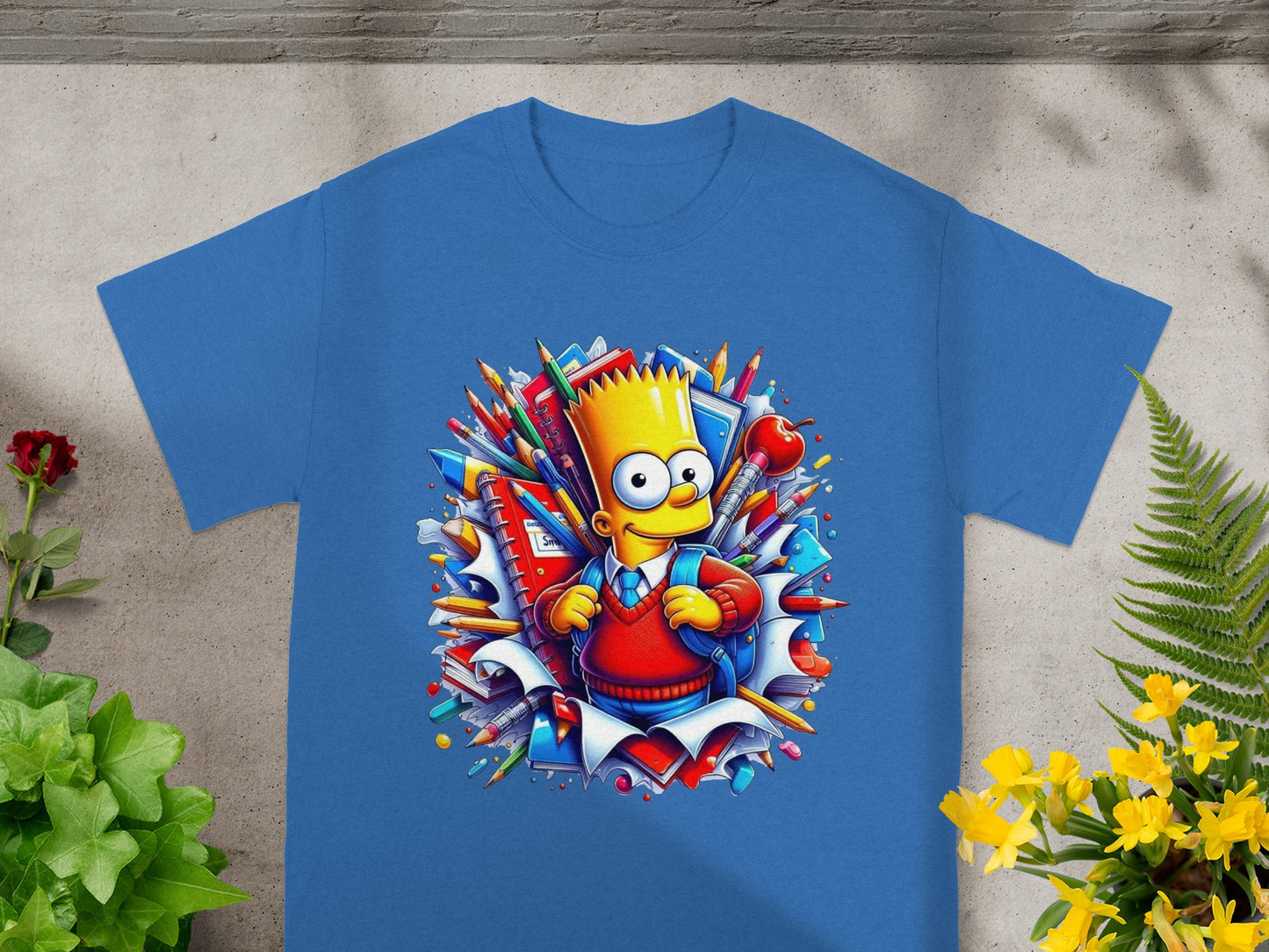 Bart Simpson in a blue t-shirt surrounded by school supplies.