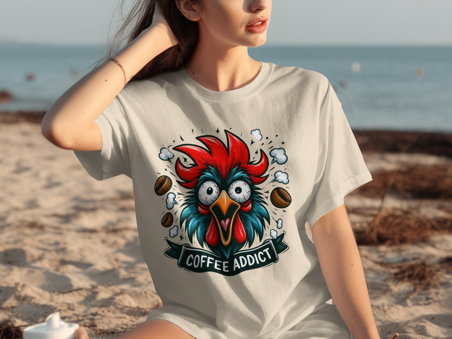 Funny Coffee Addict Rooster Illustration T-shirt