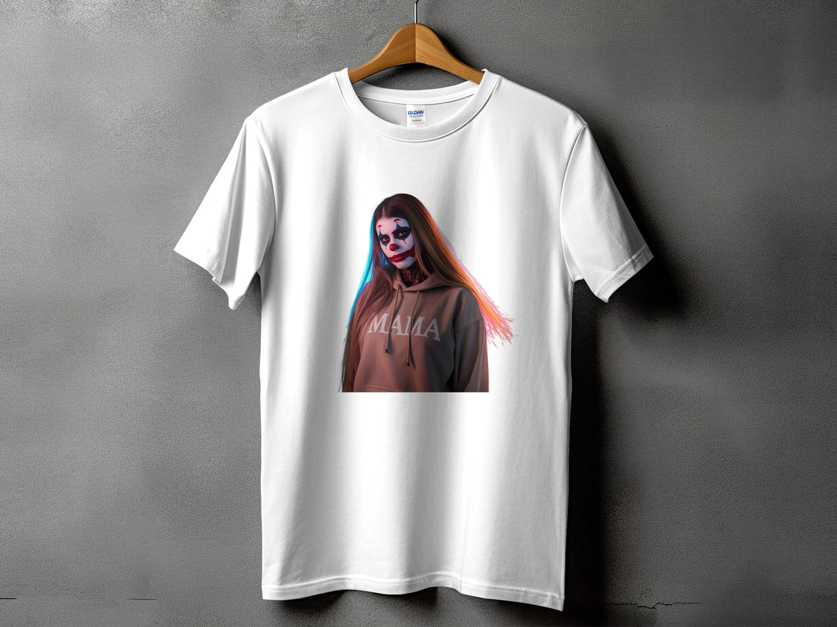 White t-shirt with a graphic of a person in clown makeup wearing a hoodie that says "MAMA".
