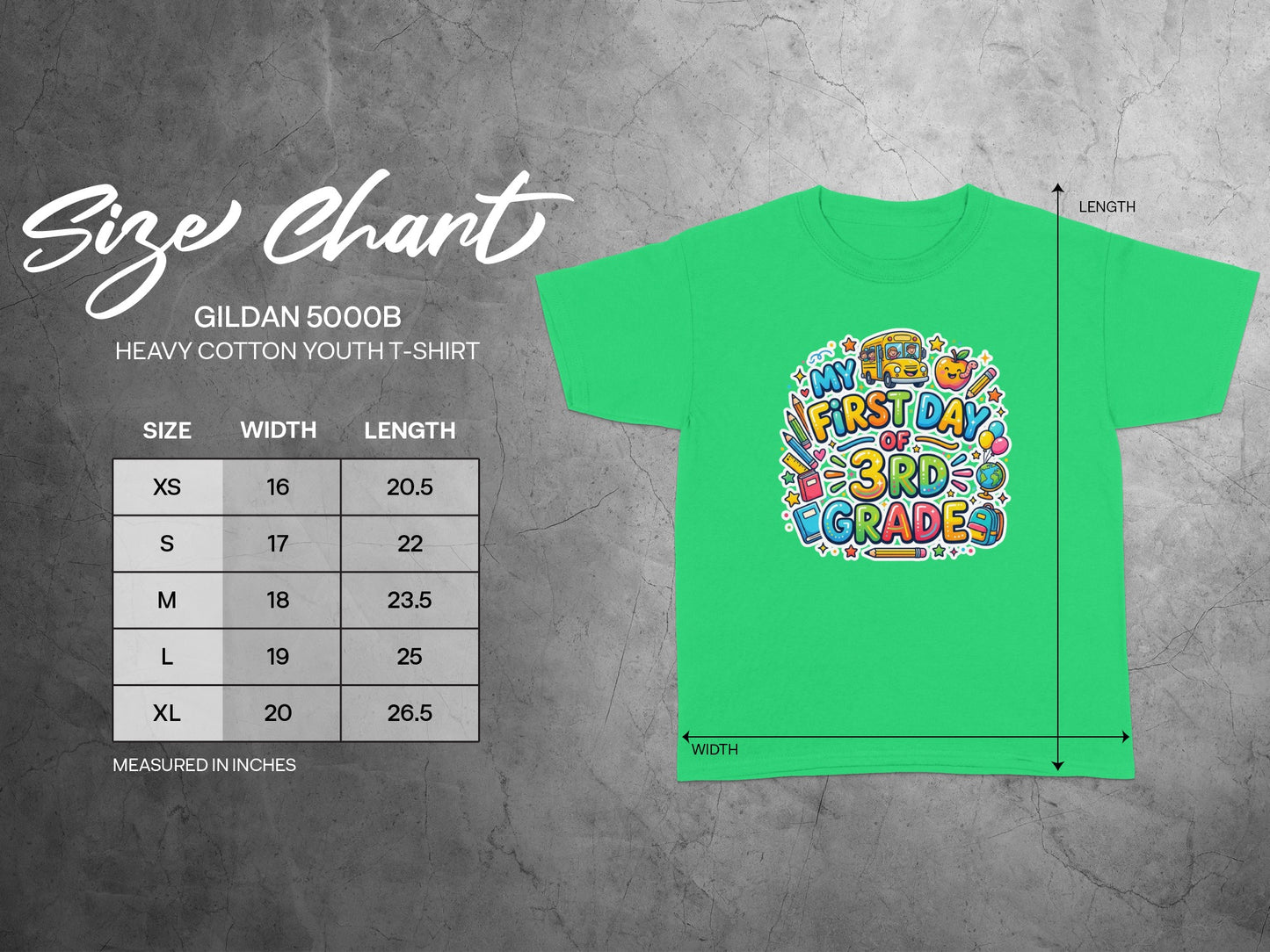 Gildan 5000B youth t-shirt size chart with width and length in inches.